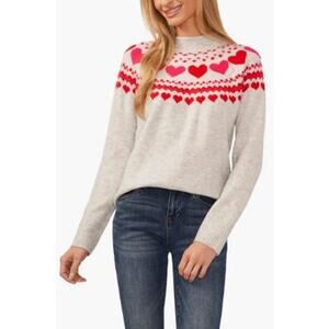 CeCe Women's Fair Isle Heart Pattern Funnel Neck Pullover Sweater Size Large NWT